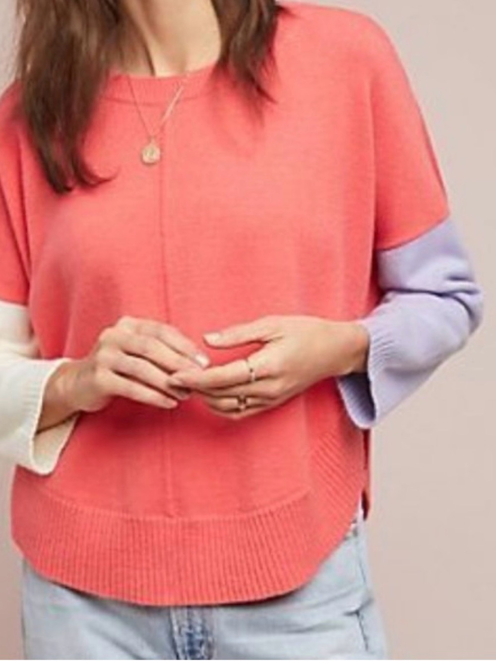 Anthropologie Coral Colorblock Crewneck Sweater